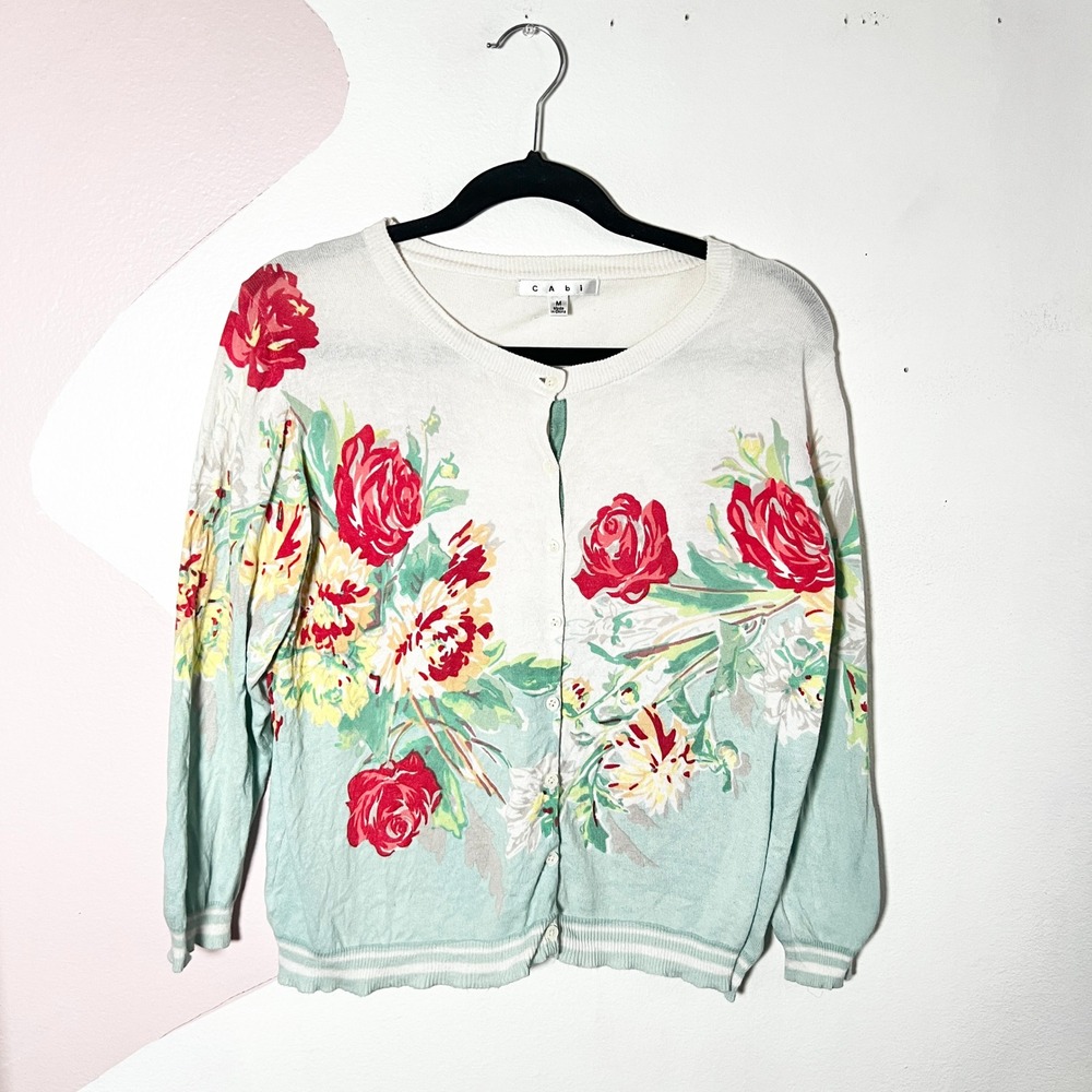 Cabi Cardigan Sweater Womens Medium White Floral Rose Button Front